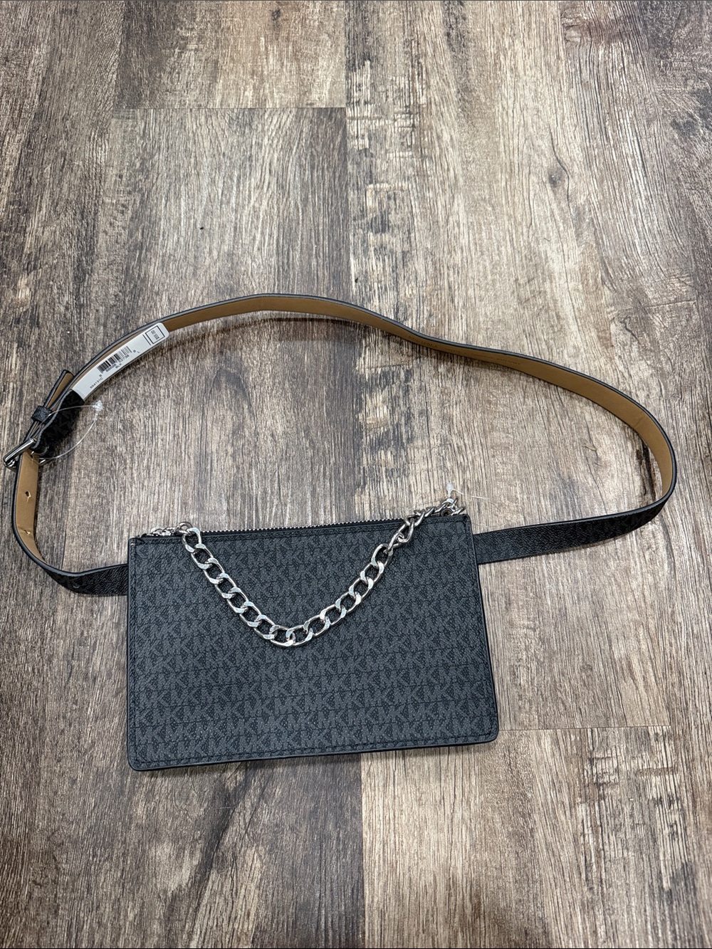 Michael Kors Black Logo-Print Belt Bag with Silver Chain